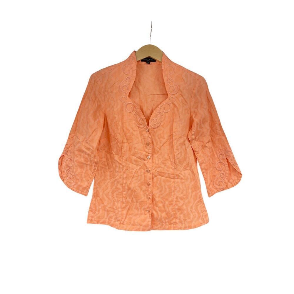 Audrey Talbott Papaya Orange Button Down Embroidered Fitted Blouse Shirt Top 6